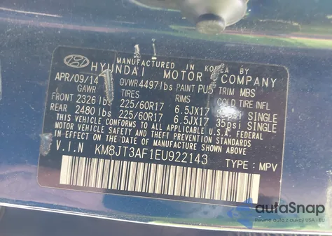 2014 Hyundai Tucson Gls z USA, uszkodzony, nr VIN KM8JT3AF1EU922143